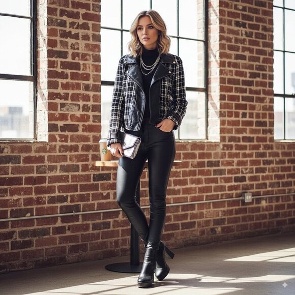 J.ING Faux Leather Collared Tweed Checker Jacket Outwear Black White Size XL NWT - Picture 1 of 10